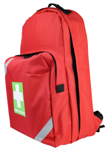 Red first aid back pack with green first aid sign